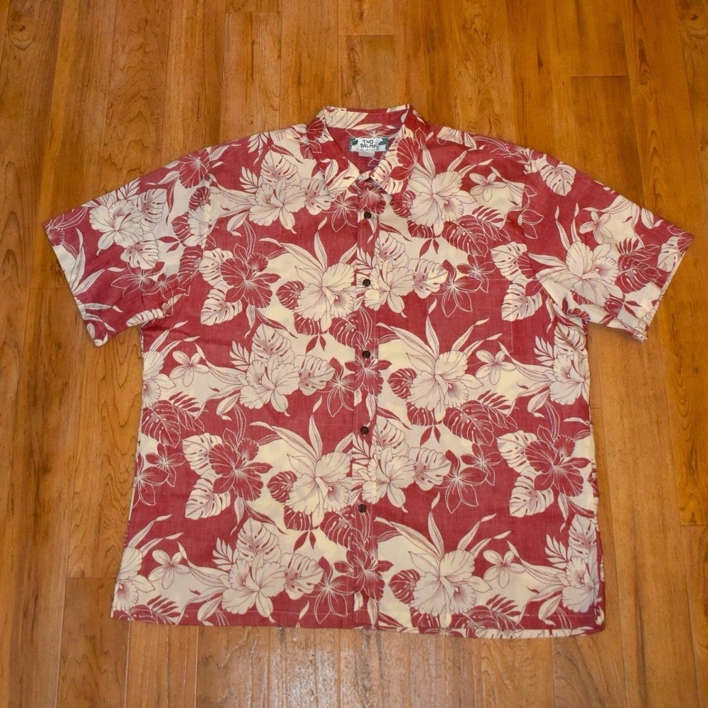 Two Palms Hawaiian Shirt Mens‎ 2XL Red Excellent Floral Cotton Made in Hawaii